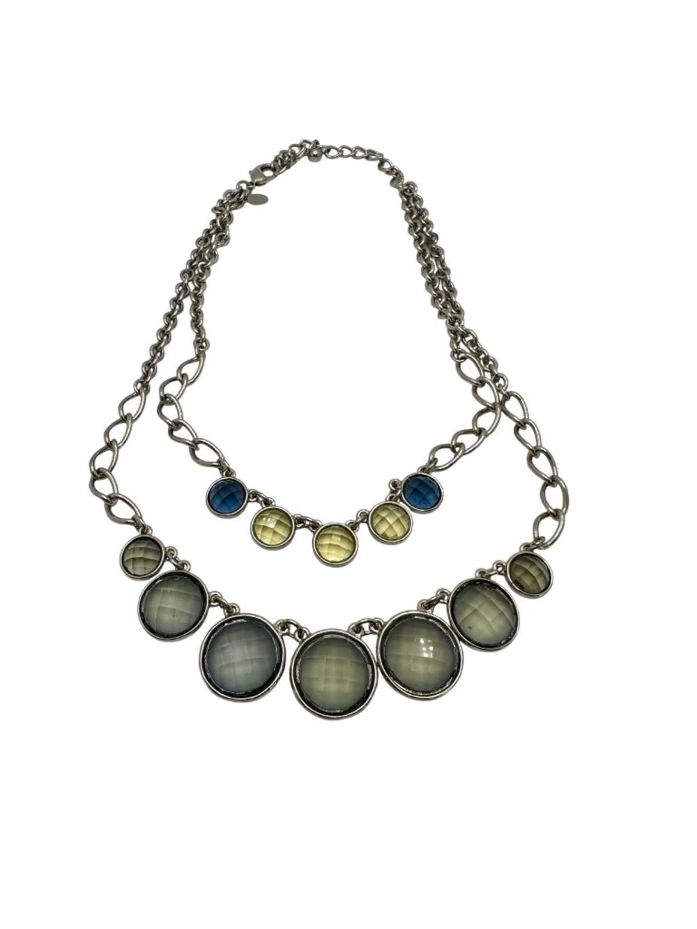 Chico's Necklace Jewelry Statement 19.5" Adjustable Silver Tone Green Blue Cryst